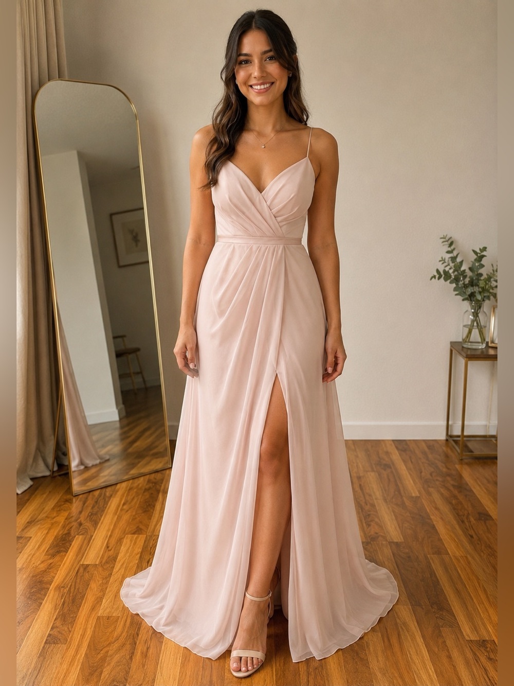 Bari Jay Blush Pink Chiffon Spaghetti Strap Maxi Gown